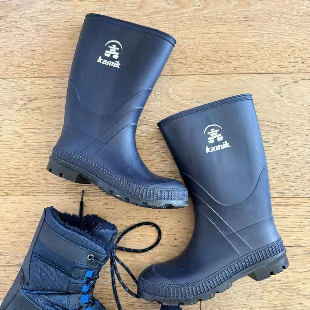 Bundle of boys size 1 & 2 Navy Blue Rain Boots Snow Boots